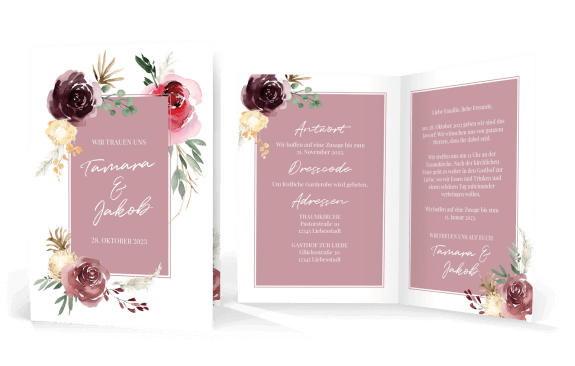 Hochzeitseinladung Floral Bouquet Klappkarte