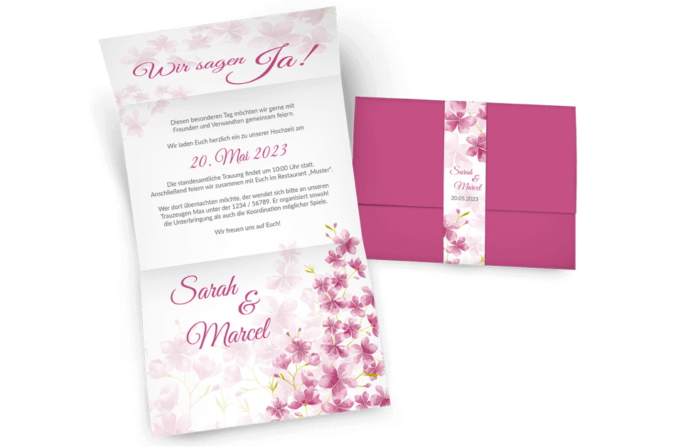 Hochzeitseinladung mit Banderole und Kirschblüten