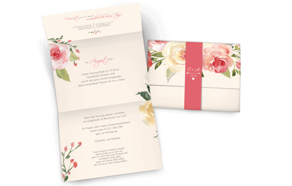 Hochzeitseinladung Pastell-Blumen mit Banderole 